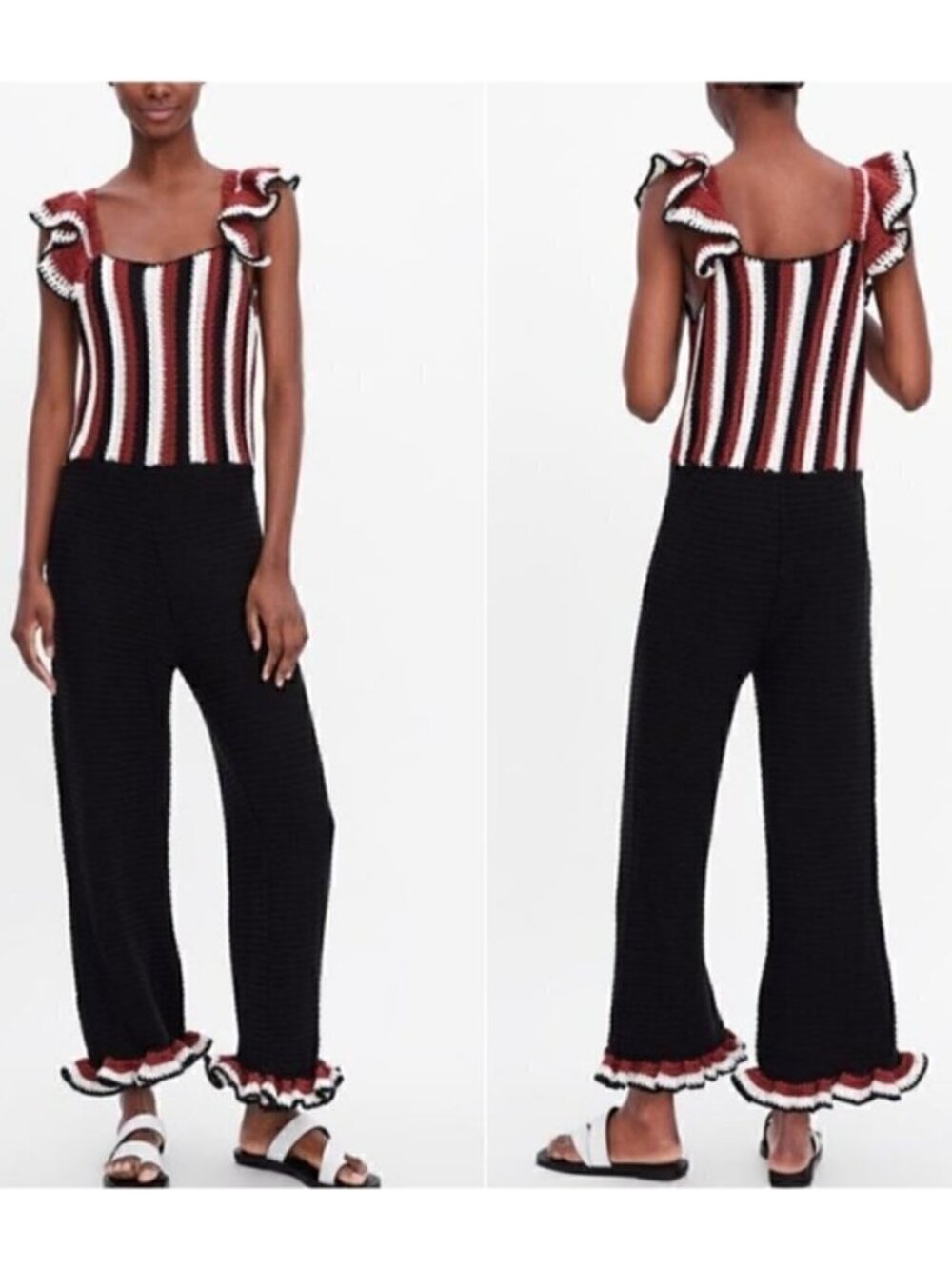 Zara Striped Black Crochet Ruffle Strap Sleeveless Jumpsuit - Small, NWOTs
